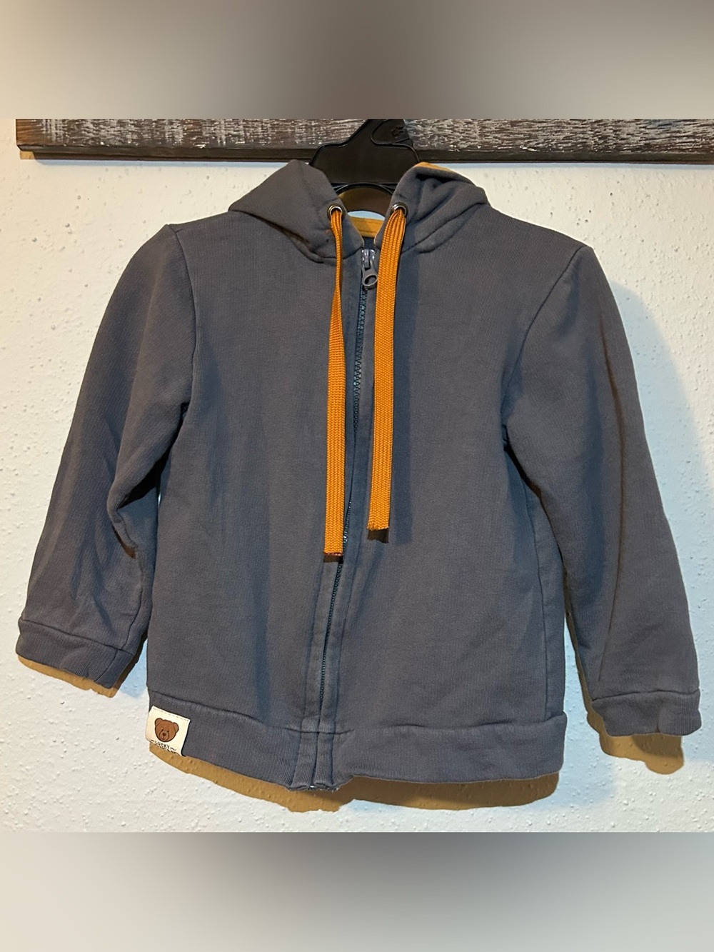 Lucky Friend Kids Grey Zip-Up Hoodie, Teddy Bear Patch, Size 110cm